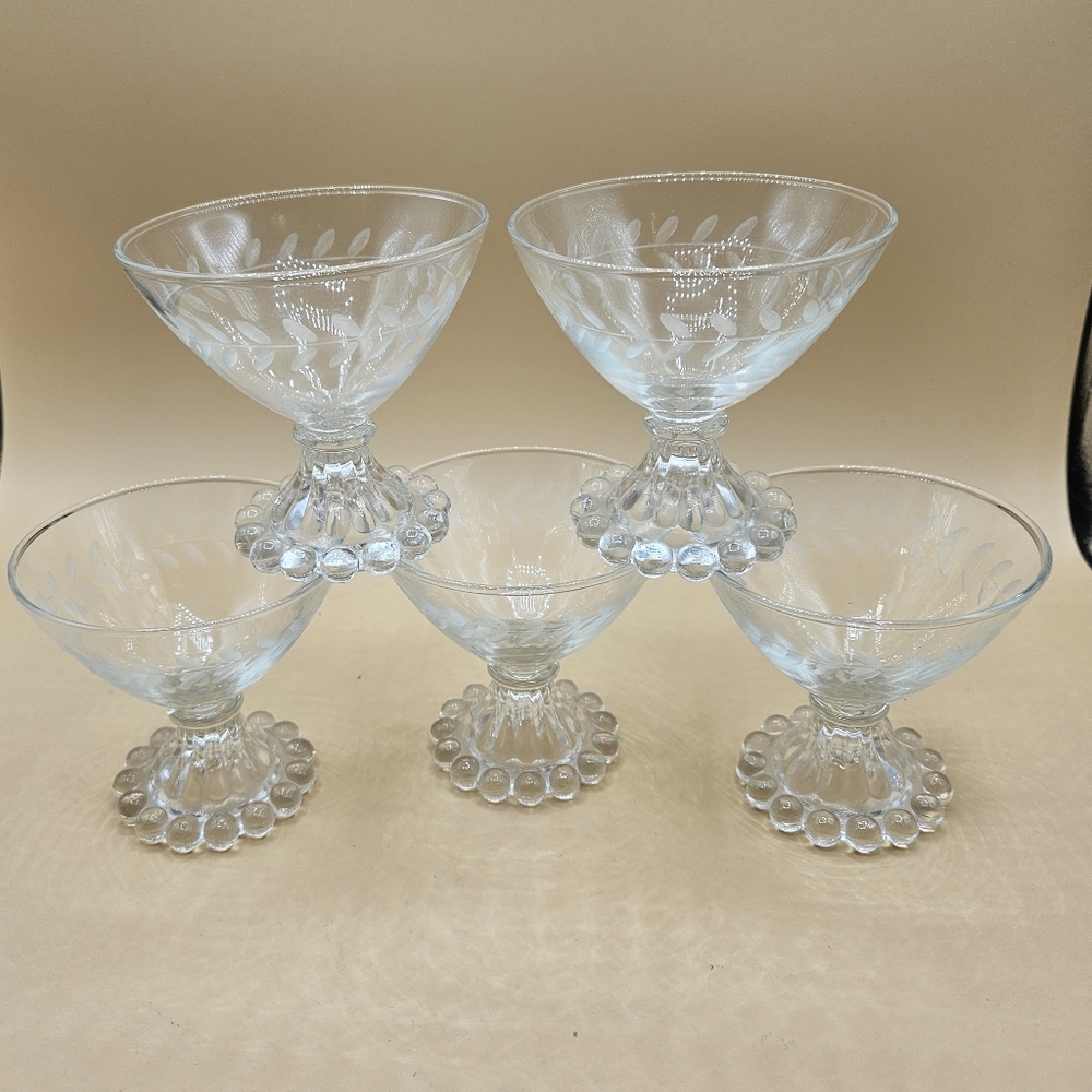 5 Anchor Hocking 3.5"H Clear Boopie Glasses Sherbet Dessert Etched Laurel